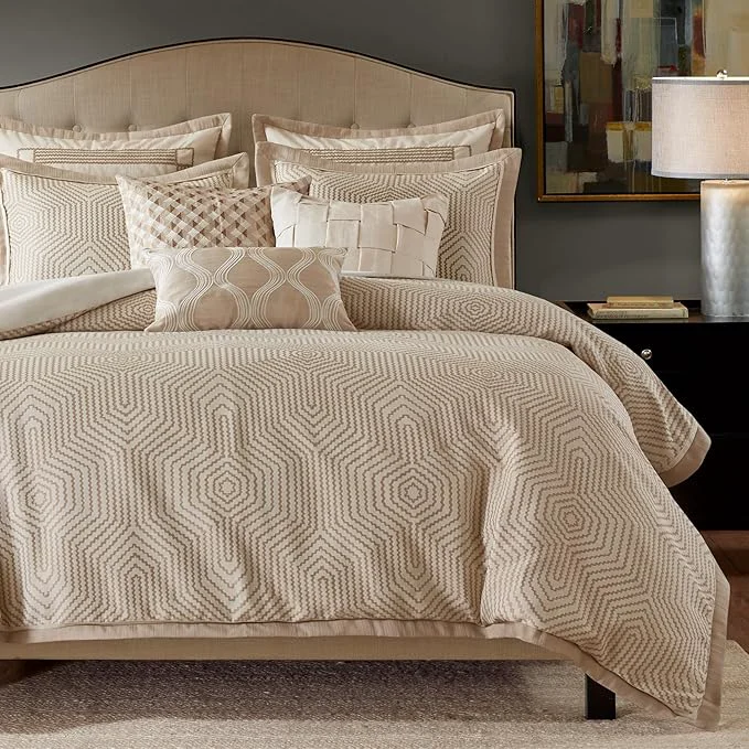 Superior Madison Park Signature Queen Luxury Jacquard Comforter Set Removable Duvet Cover with Insert Oversized Overfilled Bedding Hand-Guided Embroidered Texture Accents Geometric Ivory 8-Piece Enhanced
