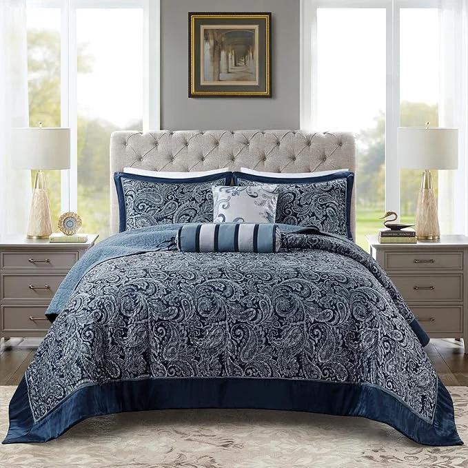 Innovative Madison Park Aubrey Reversible Quilted Bedspread Set Solid Reverse Summer Breathable Lightweight All Season Bedding Layer Matching Shams Bedspread King 120 quot x118 quot Navy 5 Piece Clean
