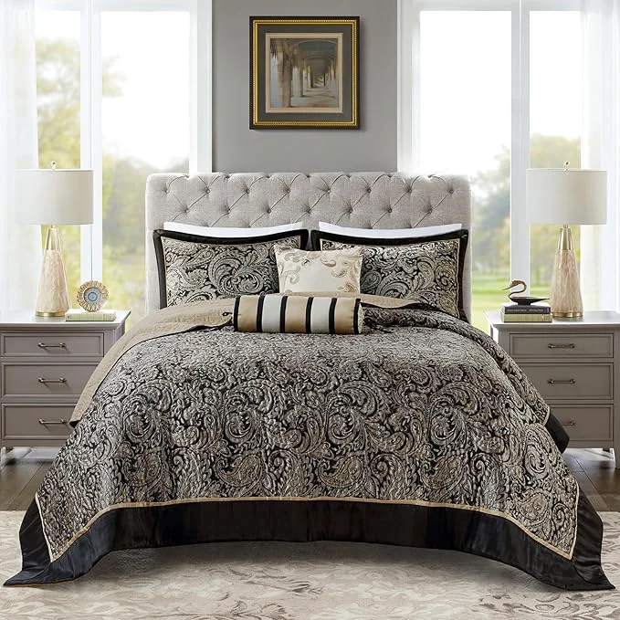 Modern Madison Park Aubrey Reversible Quilted Bedspread Set Solid Reverse Summer Breathable Lightweight All Season Bedding Layer Matching Shams Bedspread King 120 quot x118 quot Black 5 Piece Sustainable