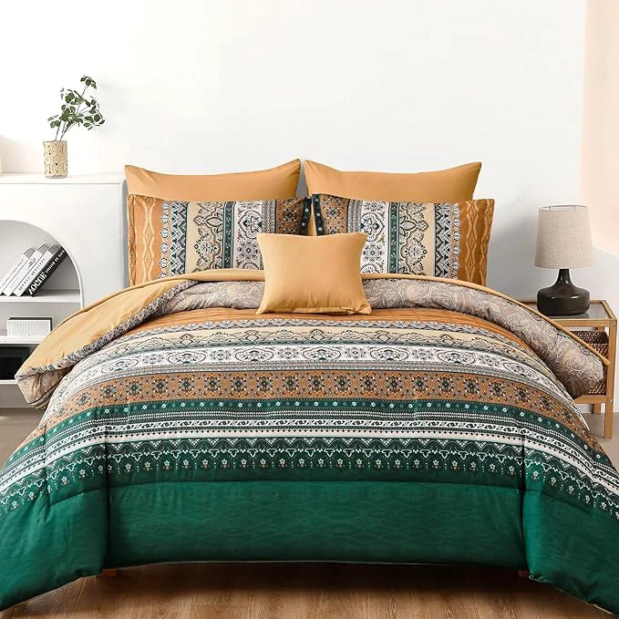 Convenient Cottolester Boho Comforter Set Queen Size 8 Pieces Brown and Green Bohemian Striped Bed in a Bag Paisley Soft Microfiber Bedding Comforter Set Detailed