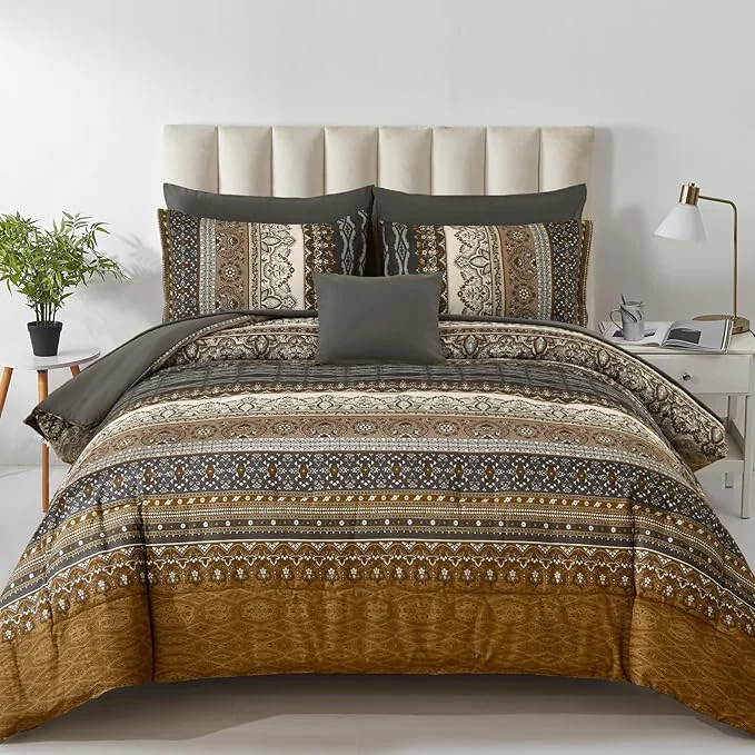 Premium Cottolester Boho Queen Comforter Set 8 Pieces Brown Black Bohemian Comforter Paisley Striped Bed in A Bag Soft Microfiber Bedding Set for All Season Specialty