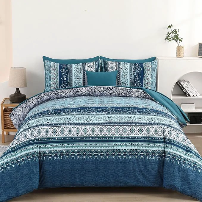 Premium Cottolester Boho Full Size Comforter Set 8 Pieces Teal Blue Comforter Bohemian Striped Bed in A Bag Soft Microfiber Bedding Set for All Seasons Fine