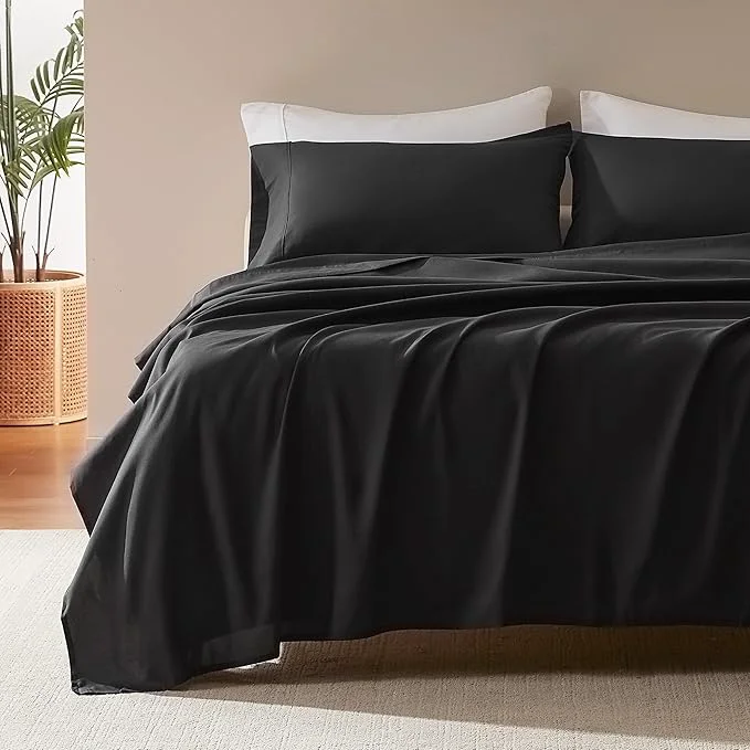Secure SLEEP ZONE Nanotex Super Soft Cooling Queen Bed Sheets Set 4 Piece – Easy Care Fitted Flat Sheet amp Pillowcase Sets – Wrinkle Fade Resistant Deep Pocket 16 quot Black Queen Responsible