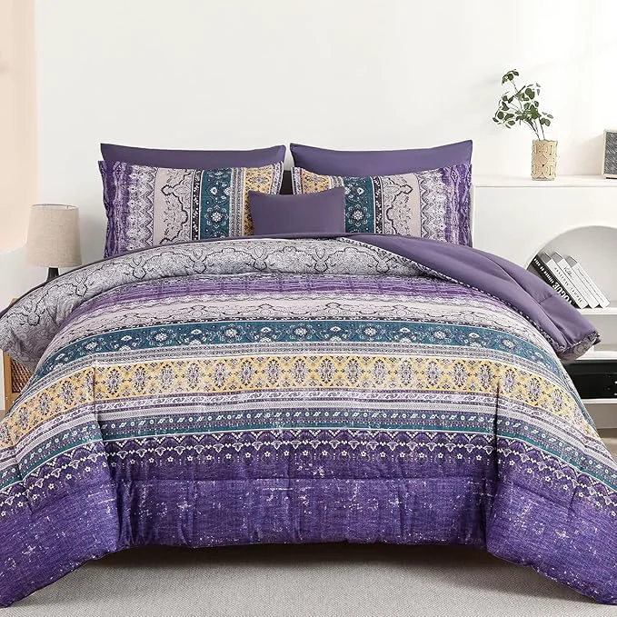 Elegant Cottolester Boho Comforter Set California King Size 8 Pieces Violet Bohemian Striped Bed in a Bag Paisley Soft Microfiber Bedding Comforter Set Consistent