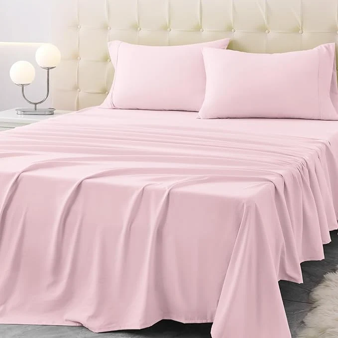 Classic California King Size Bed Sheet Set – 4 Piece Soft Microfiber Sheets with Deep Pockets Cooling Technology and Wrinkle- Pillowcase. Hotel-Quality Durable Bedding Light Pink World-Class