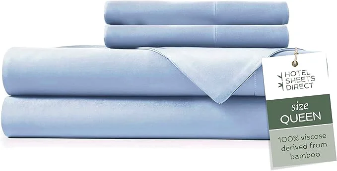 Fine Crafted Hotel Sheets Direct 4 Piece Bed Sheet Set Queen Size Viscose Derived from Bamboo Sheets Set with 2 Pillowcases Cooling amp Breathable Luxury Bedding Moisture-Wicking amp Silky Soft Light Blue Verified