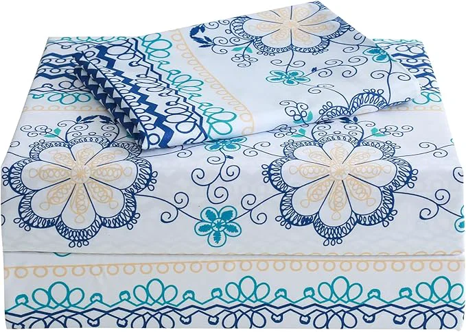 Eco-Friendly JSD Blue Boho Printed Sheet Set Twin Size 3 Piece Soft Floral Microfiber Sheets Extra Deep Pocket Wrinkle High-Performance