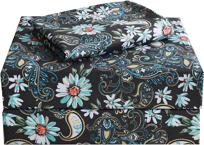 Relaxed JSD Black Paisley Floral Printed Sheet Set Twin Size 3 Piece Soft Pattern Microfiber Sheets Extra Deep Pocket Quality