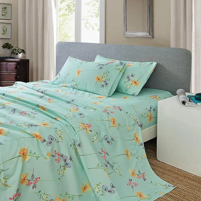 Sophisticated JSD Green Floral Printed Sheet Set Cal King 4 Piece Soft Botanical Microfiber Sheets Extra Deep Pocket Specialty