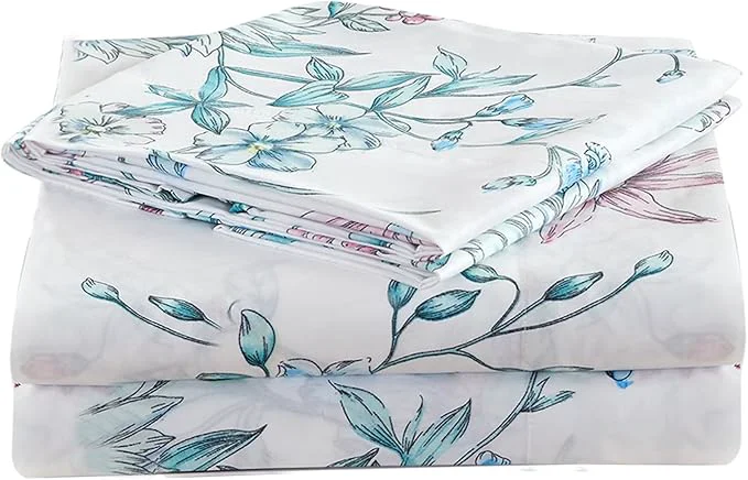 Stylish JSD White Blue Floral Printed Sheet Set Full Size 4 Piece Botanical Microfiber Sheets Extra Deep Pocket Trendy