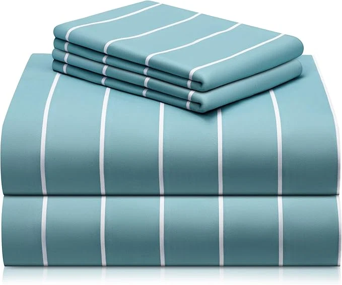 Crafted LuxClub 4 PC Cal King Size Sheet Set Breathable Luxury Bed Sheets Deep Pockets 18 quot Wrinkle Cooling Machine Washable Hotel Bedding Striped Light Blue Outstanding