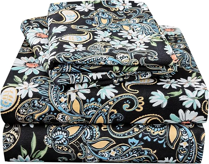 Excellent JSD Black Paisley Floral Printed Sheet Set King Size 4 Piece Soft Pattern Microfiber Sheets Extra Deep Pocket Effective