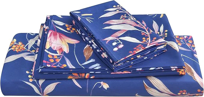 Premium Material JSD Navy Floral Sheet Set Full Size 4 Piece Printed Microfiber Sheets Extra Deep Pocket Wrinkle Sustainable
