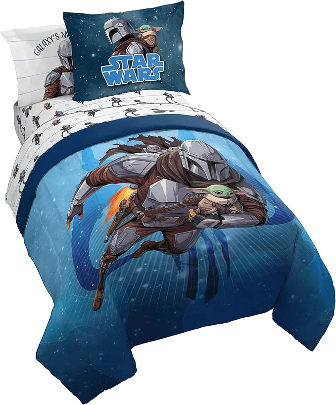 First-Class Jay Franco Kids Comforter Set Includes Sheets and Pillow Covers – Soft and Cozy Bed Set for Stylish Room Decor Licensed Bedding Blue – The Mandalorian 5 Piece Twin Versatile