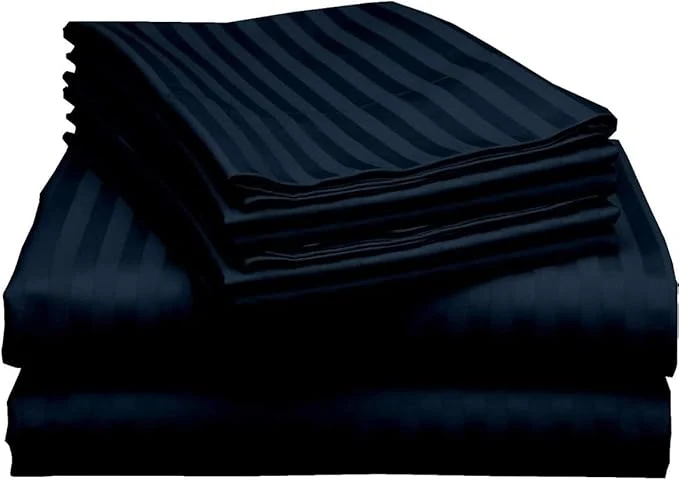 Premium Material Mattress-Homes Premium Collection 7 PC Split Sheet Set Egyptian Cotton Crisp Fits Mattress Up to 18 quot DEEP Pocket King Size Machine Wash Extra-Soft Breathable Sheets in Navy Blue Stripe Elite