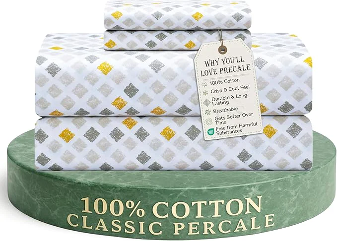Stylish Feather amp Stitch Softest Cotton Sheets 300 Thread Count Percale Weave Bedding 16 quot Deep Pocket Cooling Sheets Breathable Bed Set Hotel Premium Quality King Yellow Diamond Exclusive