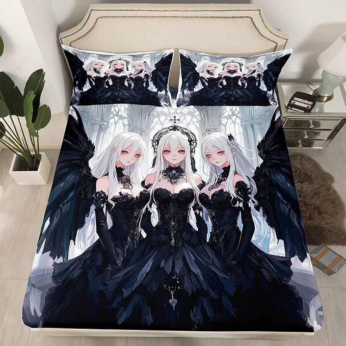 Fine Erosebridal Japanese Anime Queen Size Fitted Sheet Anime Girl Bedding Set Kawaii Japanese Style Bed Sheets Cartoon Japan Animation Bed Set for Boys Teens Adult Women Bedroom Decor Black Artisan