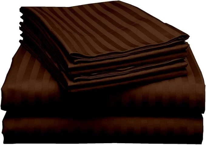 World-Class Mattress-Homes 6 Piece Full Sheet Set Hotel Luxury Collection Egyptian Cotton 18 Inch Deep Pocket Fitted Sheet Soft amp Cool Breathable Bedding with 4 Pillowcases in Chocolate Stripe Elegant