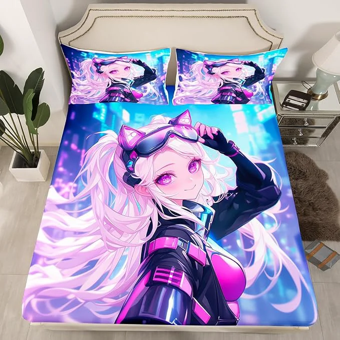 Contemporary Erosebridal Girls Japanese Anime Fitted Sheet Full Kawaii Anime Girl Bed Sheets Cartoon Girl Bedding Set for Kids Teens Adult Women Japanese Animation Sci Fi Style Sheets Blue Purple Professional