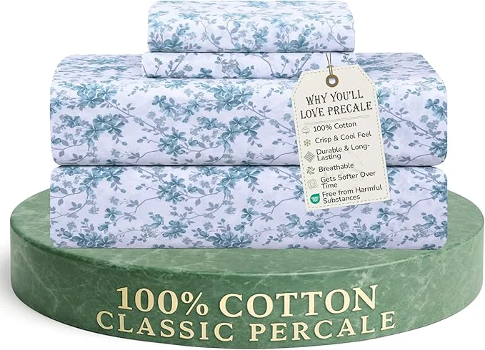Traditional Feather amp Stitch Softest Cotton Sheets 300 Thread Count Percale Weave Bedding 16 quot Deep Pocket Cooling Sheets Breathable Bed Set Hotel Premium Quality Queen Blue Floral Official