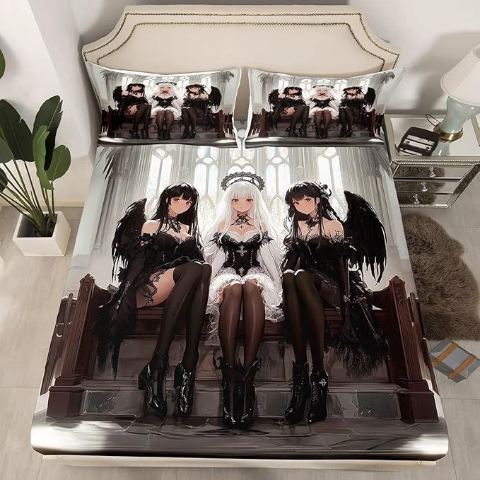 Crafted Erosebridal Japanese Anime Twin Size Bedding Set Anime Girl Bed Sheets Kawaii Japanese Style Fitted Sheet Cartoon Japan Animation Bed Set for Boys Youth Teens Adult Women Bedroom Decor Breathable