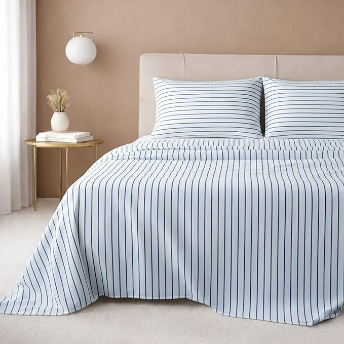 Detailed California Design Den Printed Striped Twin XL Sheets Set – 600 Thread Count Cotton Sateen Premium Deep Pocket Extra Long Twin Sheets – Classic Blue Stripe Print Luxury