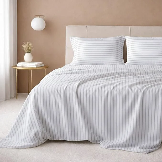 Proven California Design Den California King Sheet Set – Cotton 600 Thread Count Deep Pocket Soft Sateen Premium Cal King Sheet Set – Ticking Stripe Pattern Expertly Made