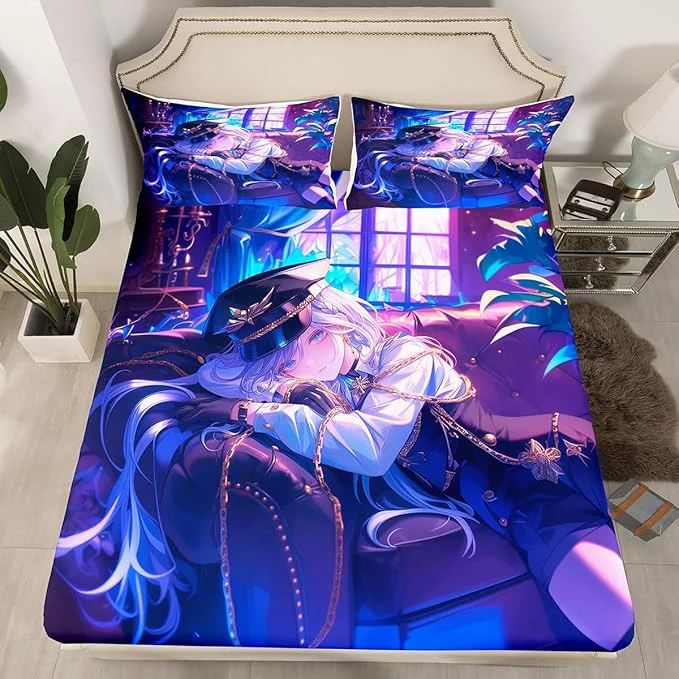 Convenient Erosebridal Anime Girl Fitted Sheet Twin Size Japanese Anime Bed Sheets for Kids Boys Teens Women Bedroom Decor Cartoon Girl Bedding Set Japanese Animation Kawaii Sheets Purple Fine Crafted