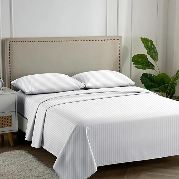Stylish Carressa Linen Luxury Egyptian Cotton King Stripe Sheet Set – 600 Thread Count Extra Long Staple 4 PC Set Crisp White King Damask Sheets Soft Cooling Sateen Weave Sheets Upto 18 in Deep Pocket Consistent