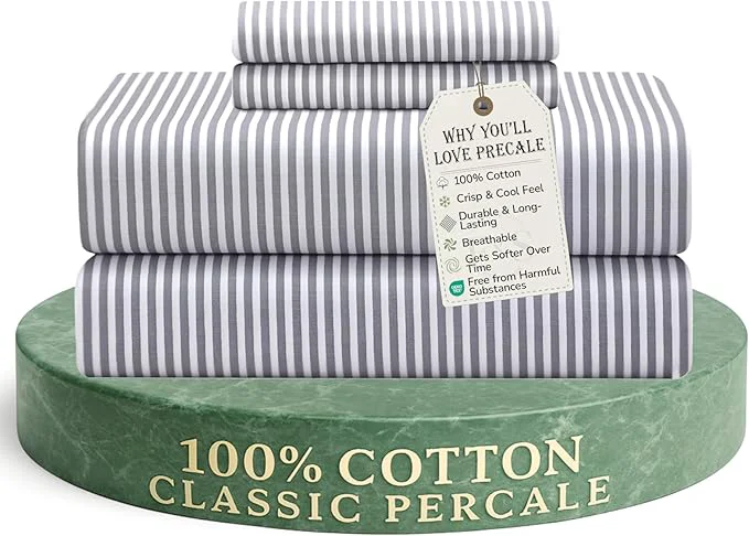 Eco-Friendly Feather amp Stitch Softest Cotton Sheets 300 Thread Count Percale Weave Bedding 16 quot Deep Pocket Cooling Sheets Breathable Bed Set Hotel Premium Quality Queen Grey Stripe Luxury