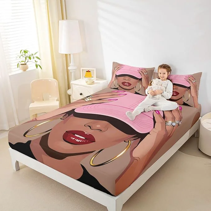 World-Class Erosebridal Black Girls Queen Size Bed Sheets Fashion Black Woman Fitted Sheet for Girls Kids Vogue Fashionable Gorgeous Bedding Set for Teens Children Women African Princess al Sheets Effective