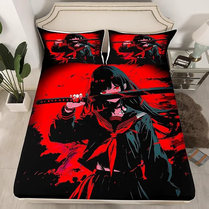 Contemporary Erosebridal Japanese Anime Bedding Set for Kids Anime Girl Fitted Sheet Twin Size Japanese Girl Bed Sheets for Girls Teens Adult Kawaii Animation Red Black Sheets Machine Washable Natural