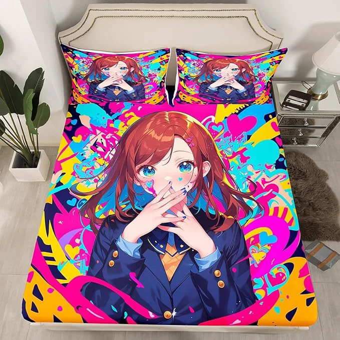 User-Friendly Erosebridal Anime Girl Full Bed Sheets Japanese Anime Bedding Set 3 Piece for Kids Girls Teens Adult Bedroom Decor Cartoon Girl Fitted Sheet Kawaii Japanese Animation Sheets Official