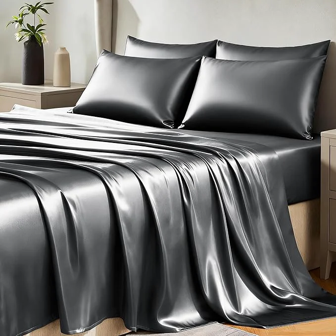 Breathable CozyLux Satin Sheets King Size Sheet Set – 6 Piece Silky King Sheets Luxury Dark Grey King Bed Set with Smooth and Soft Microfiber Includes 1 Fitted Sheet 1 Flat Sheet and 4 Pillowcases Fashionable