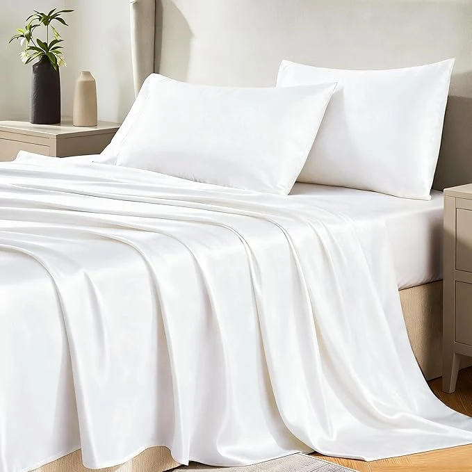 Stylish CozyLux Satin Sheets Full Size Sheets – 4 Piece Silky Full Size Bed Sheets Luxury White Full Bed Set with Smooth and Soft Microfiber Includes 1 Fitted Sheet 1 Flat Sheet and 2 Pillowcases Trusted