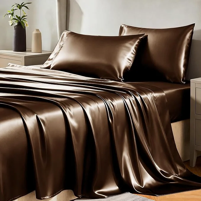 Artisan CozyLux Satin Sheets Full Size Sheets – 4 Piece Silky Full Size Bed Sheets Luxury Brown Full Bed Set with Smooth and Soft Microfiber Includes 1 Fitted Sheet 1 Flat Sheet and 2 Pillowcases Minimalist