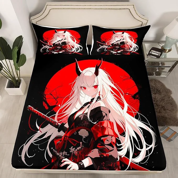 Selected Erosebridal Full Japanese Anime Bedding Set for Kids Anime Girl Bed Sheets Kawaii Japanese Style Fitted Sheet Cartoon Japan Animation Bed Set for Boys Teen Adult Women Bedroom Red Black Smart