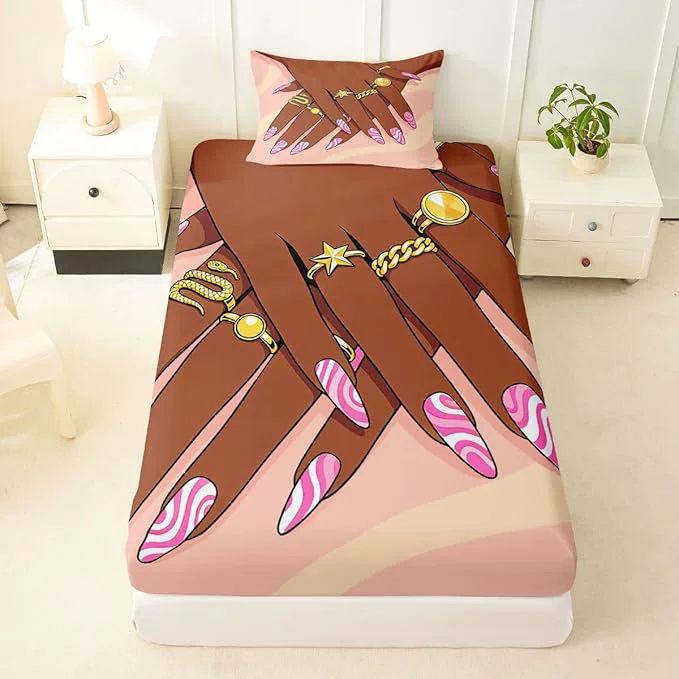 Unique Erosebridal Romantic Makeup Themed Fitted Sheet Twin Size for Girls Fashion Girlish Bedding Set Black Girls Bed Sheets for Kids Teens Adult Women Bedroom Afro Vogue Princess al Sheets Genuine