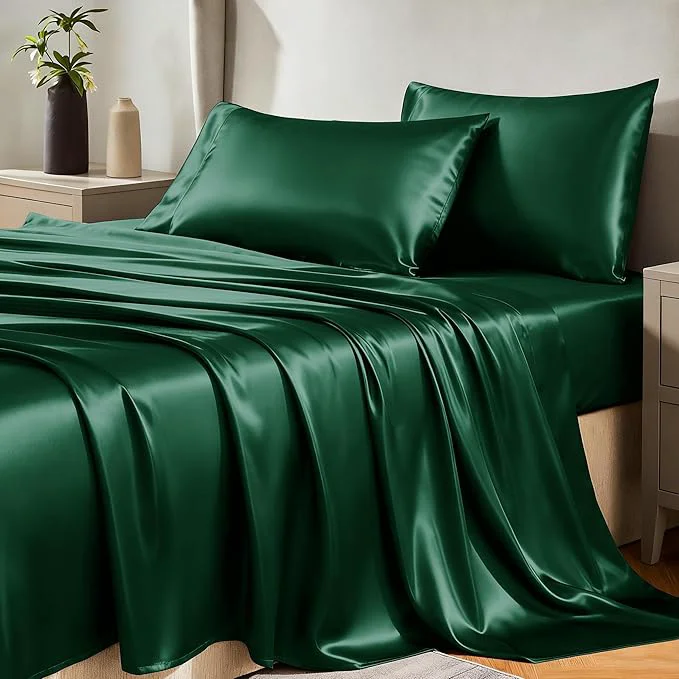 Environmentally Friendly CozyLux Satin Sheets Queen Size Bed Set – 4 Piece Silky Queen Sheet Set Luxury Dark Green Queen Sheets with Smooth and Soft Microfiber Includes 1 Fitted Sheet 1 Flat Sheet and 2 Pillowcases Secure