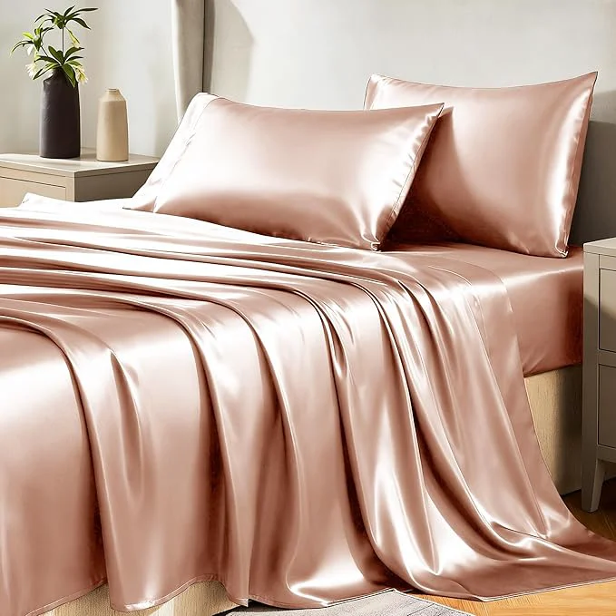 Advanced CozyLux Satin Sheets Full Size Sheets – 4 Piece Silky Full Size Bed Sheets Luxury Salmon Pink Full Bed Set with Smooth and Soft Microfiber Includes 1 Fitted Sheet 1 Flat Sheet and 2 Pillowcases Official