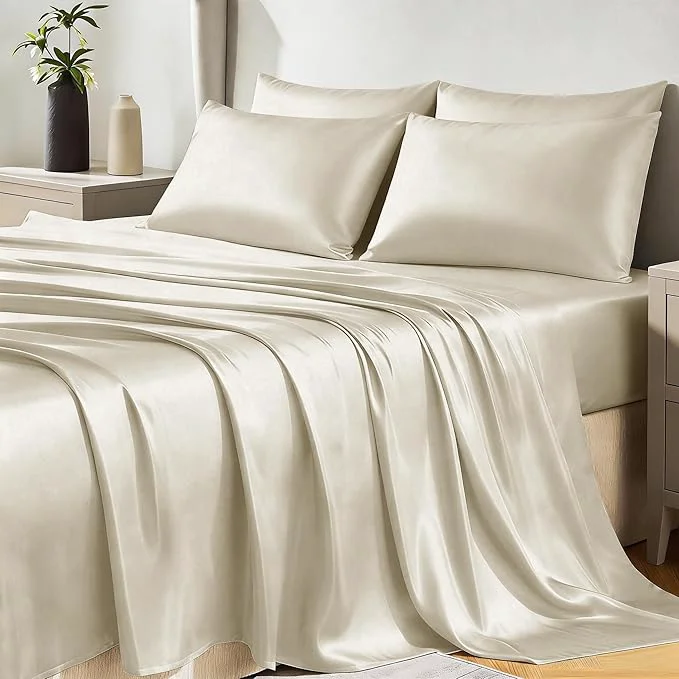 CozyLux Satin Sheets Queen Size Bed Set – 6 Piece Silky Queen Sheet Set Luxury Beige Queen Sheets with Smooth and Soft Microfiber Includes 1 Fitted Sheet 1 Flat Sheet and 4 Pillowcases Sophisticated