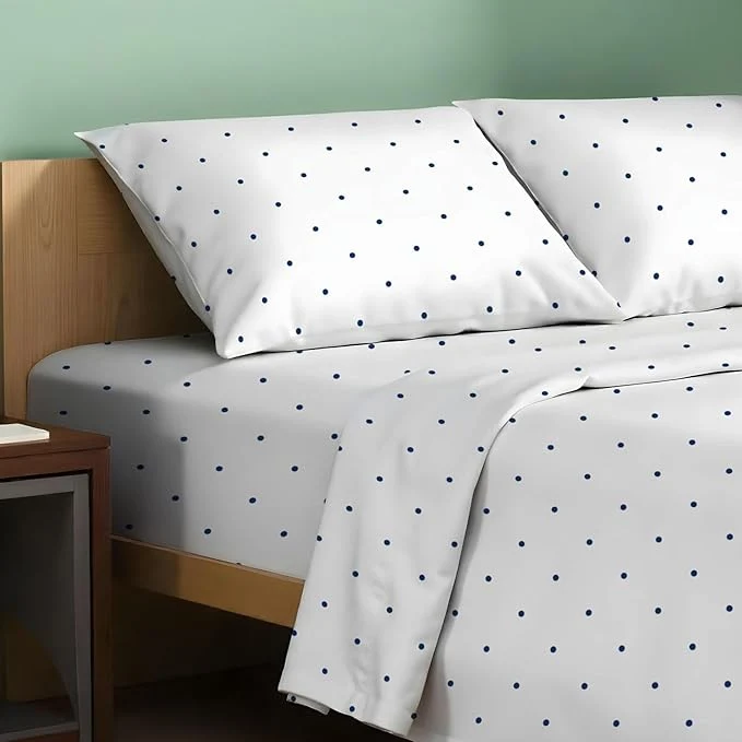 Excellent TEXAS LINEN CO. Organic Cotton Printed Sheets Twin XL Size – 3 PC Organic Cotton Percale Sheets Twin XL Polka Dot – Navy Cooling Sheet for Dorm Room 16 quot Deep Pocket – GOTS Efficient