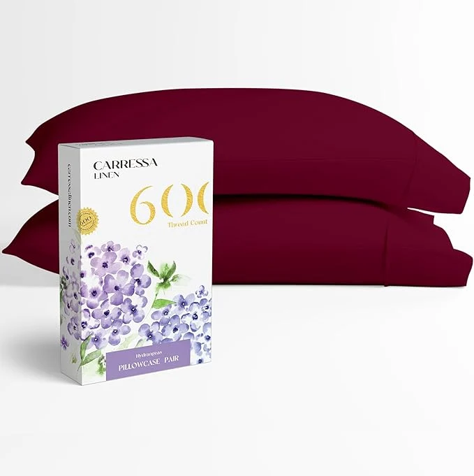 Fine Crafted Carressa Linen Egyptian Cotton Pillow Cases Standard Size Set of 2 – Luxury 600 Thread Count Queen Standard Pillowcases Classic Burgundy Soft Cooling Extra Long Staple Hotel Pillow Covers Refined