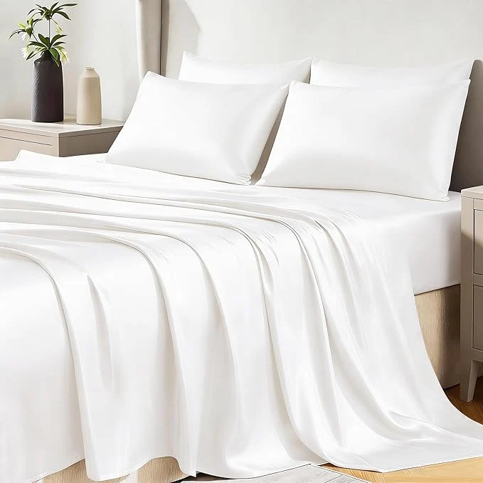 Crafted CozyLux Satin Sheets Queen Size Bed Set – 6 Piece Silky Queen Sheet Set Luxury White Queen Sheets with Smooth and Soft Microfiber Includes 1 Fitted Sheet 1 Flat Sheet and 4 Pillowcases Relaxed
