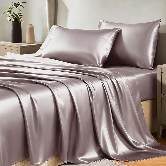 Elegant CozyLux Satin Sheets King Size Sheet Set – 4 Piece Silky King Sheets Luxury Dusty Purple King Bed Set with Smooth and Soft Microfiber Includes 1 Fitted Sheet 1 Flat Sheet and 2 Pillowcases Environmentally Friendly