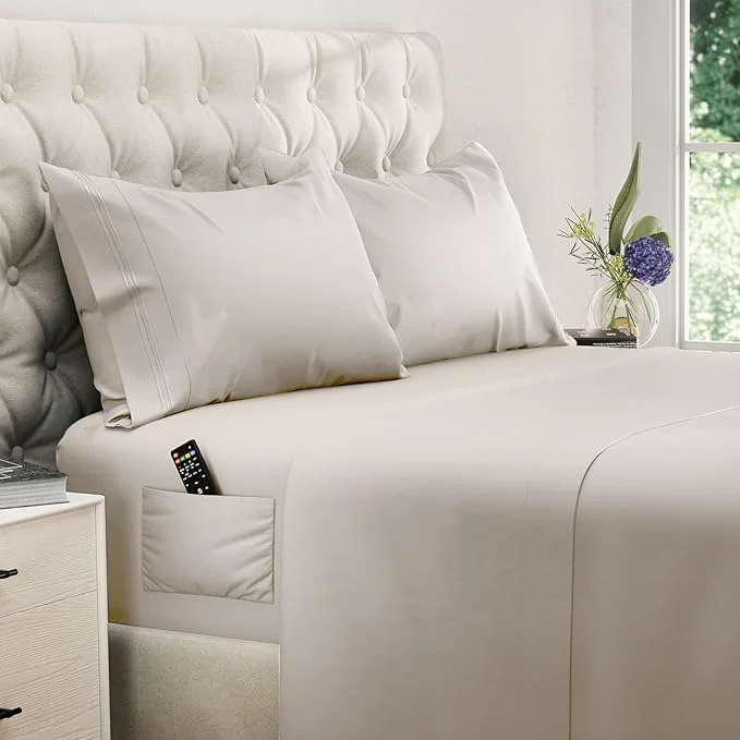 Prestigious DREAMCARE Queen Sheet Set – 4 pcs Cooling Sheets – up to 21 Extra Deep Pocket Queen Sheets – Hotel Luxury Sheets amp Pillowcases – Superior Softness Microfiber with Side Pocket – Beige World-Class