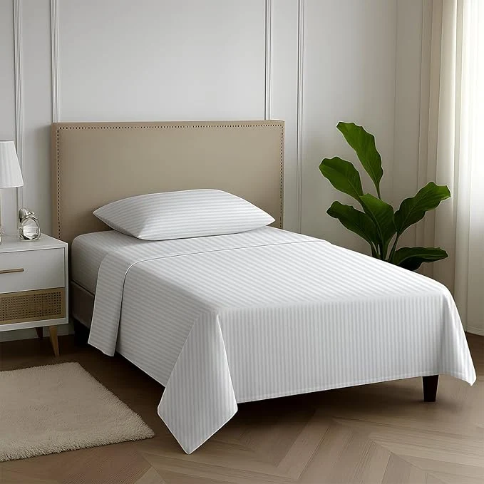 Functional Carressa Linen Luxury Egyptian Cotton Twin Stripe Sheet Set – 600 Thread Count Extra Long Staple 3 PC Set Crisp White Twin Damask Sheets Soft Cooling Sateen Weave Sheets Upto 18 in Deep Pocket Relaxed