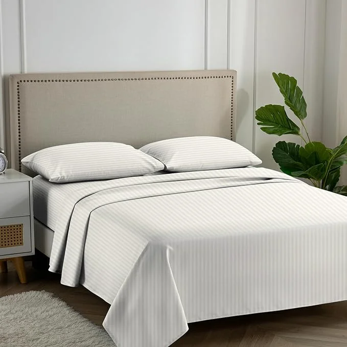 Clean Carressa Linen Luxury Egyptian Cotton Full Stripe Sheet Set – 600 Thread Count Extra Long Staple 4 PC Set Ivory Full Damask Sheets Soft Cooling Sateen Weave Sheets Upto 18 in Deep Pocket Elite
