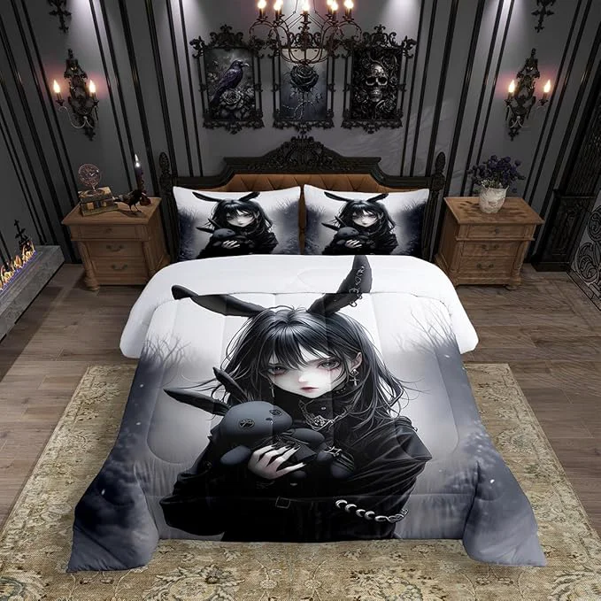 Expertly Made Erosebridal Anime Girls Bedding Set King Anime Gifts Comforter Set for Girl Women Gothic 3D Japanese Girl Down Comforter Exotic Rabbit Gothic Cool Girls Bed Set with 2 Pillowcases Versatile