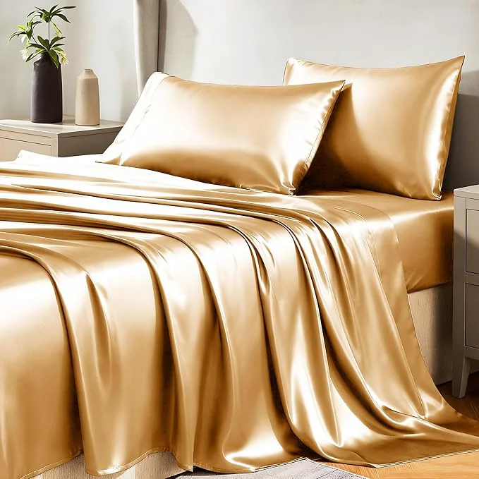Quality CozyLux Satin Sheets Full Size Sheets – 4 Piece Silky Full Size Bed Sheets Luxury Gold Full Bed Set with Smooth and Soft Microfiber Includes 1 Fitted Sheet 1 Flat Sheet and 2 Pillowcases Refined